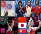 Тяжёлая атлетика женщин 48 кг подиум, Ван Mingjuan (Китай), Хироми Miyake (Япония) и Лян Чун Хва - Лондон 2012-(Северная Корея)